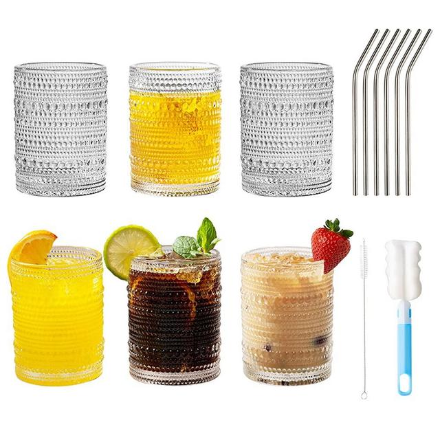 Cocktail Glasses Vintage Drinking Glasses - 13 OZ Hobnail Glassware with Straw Set of 6 - Bubble Cocktail Glass Raindrops Beaded Glassware Romantic Water Glasses Suit for Cocktail Whiskey Juice