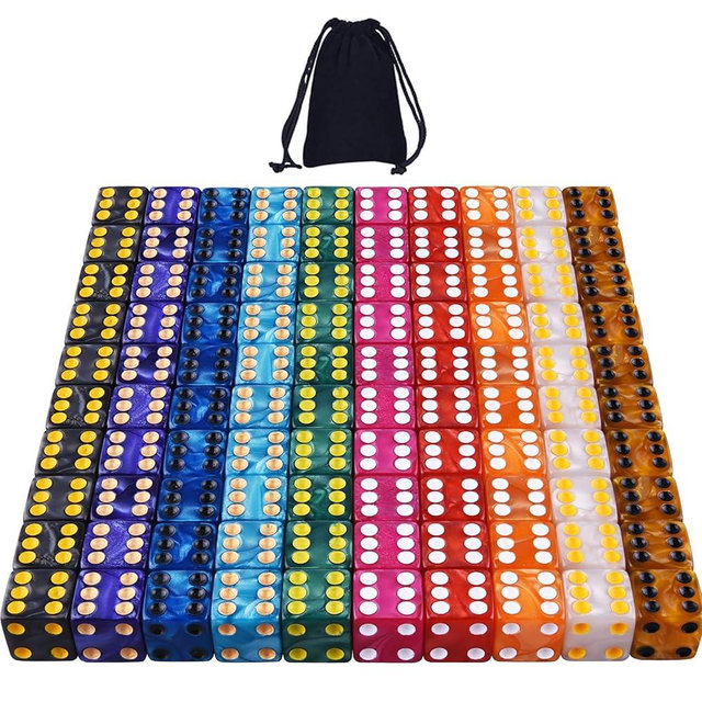 AUSTOR 100 Pieces 6 Sided Dice Set 10 x 10 Pearl Colors Square Corner Dice with Velvet Pouch for Tenzi, Farkle, Yahtzee, Bunco or Teaching Math