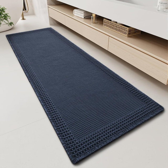RESARE Waffle Bathroom Runner Rugs, Super Absorbent Bath Mat Non Slip Washable Quick Dry, Upgraded Ultra Soft Boho Bath Rugs with Tassels, Farmhouse Home Decor Accessories, 2'x6'(24"x72") Navy