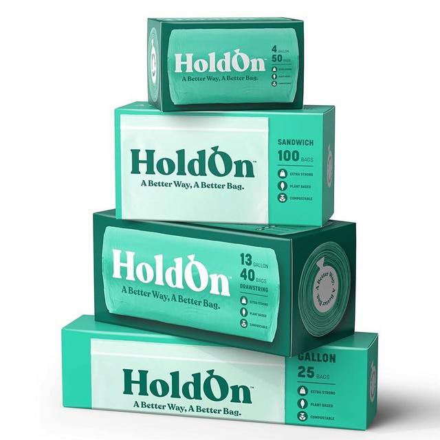 HoldOn Household Staples Set – Set of Plant-Based, Plastic-free and Compostable 13-Gallon Tall Kitchen Trash Bags, 4-Gallon Small Trash Bags, Gallon ZipSeal Bags and ZipSeal Sandwich Bags