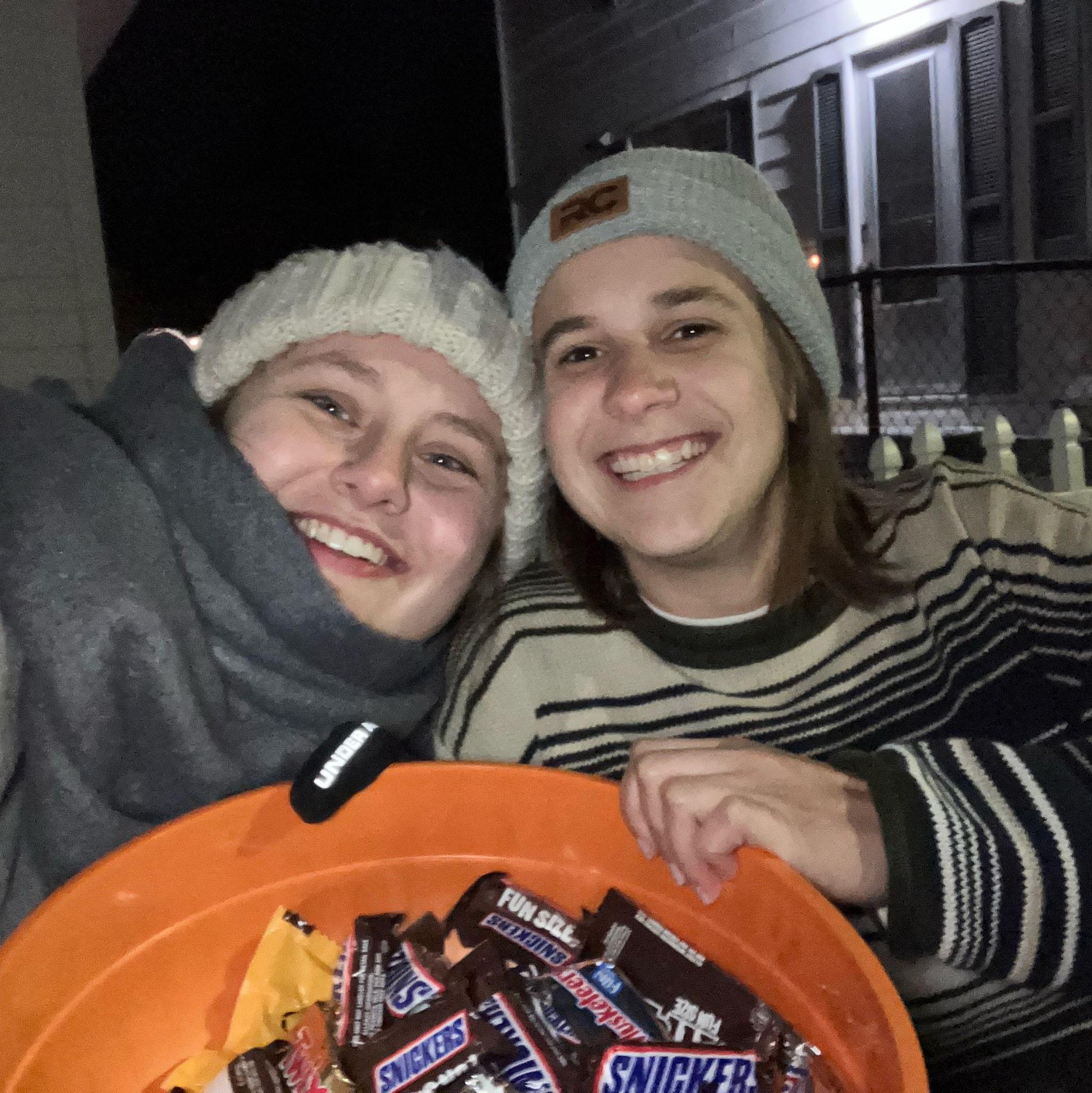 Our first Halloween together, passing out candy at Alli's house.