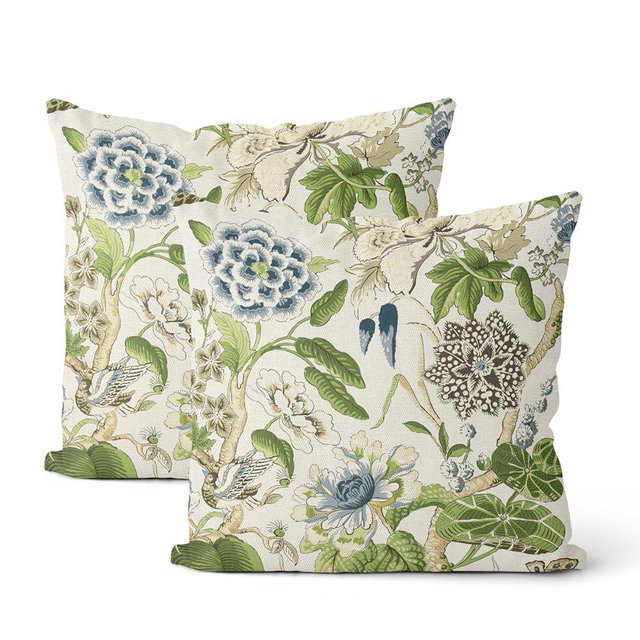 DAFENA Sage Green Boho Pillow Covers 18x18 Inch 2 Pcs Blue Green Vintage Floral Bird Decor Throw Pillows Chinoiserie Flower Seasonal Outdoor Farmhouse Pillowcase Linen Cushion Cover for Couch Sofa