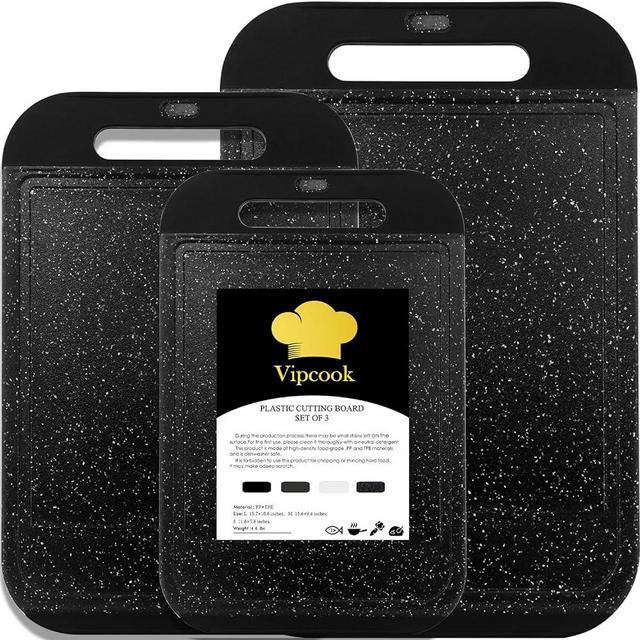 Vipcook Plastic Cutting Boards for Kitchen 3Pcs Set Larger Chopping Board Dishwasher Safe with Easy Grip Handle Juice Grooves 100% BPA Free Non-Slip Knife friendly Meat Vegetables Fruit