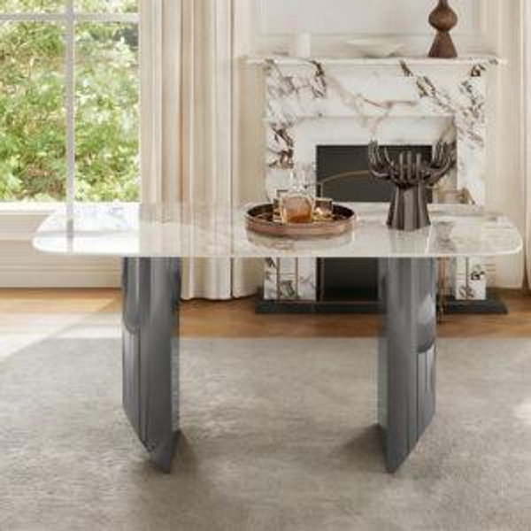 Modern Sintered Stone Dining Table With Gold/Grey Metal Base,