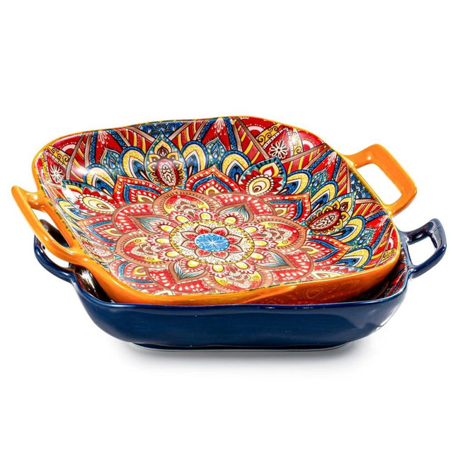 Besmeety Square Pasta Bowls with Handle, Boho Salad Serving Bowls Set of 2, Ceramic 7.09" Pasta Plates for Housewarming Present, Party (Orange+Blue)