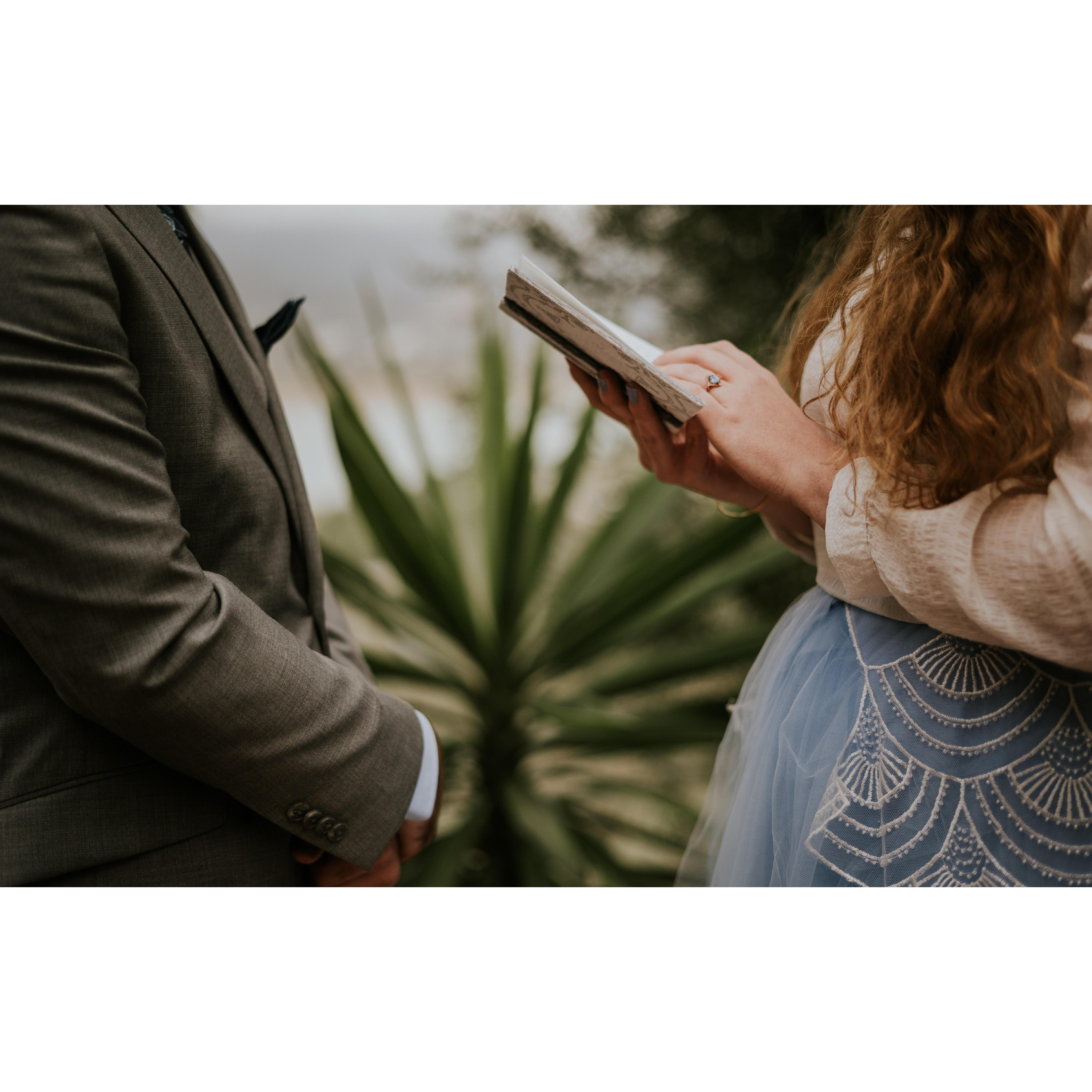 Reciting our vows to each other.