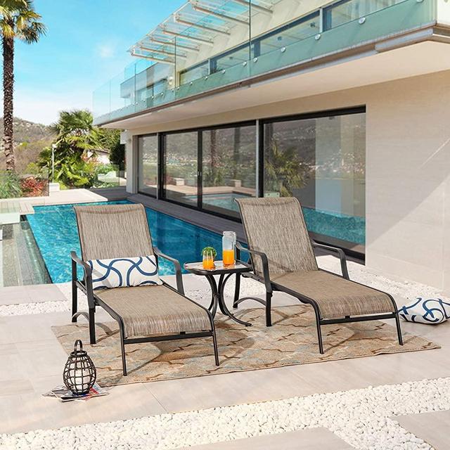 PatioFestival Patio Chaise Lounge Outdoor Adjustable Back Metal Lounge Chair with Bistro Table 3 Pieces for Porch Backyard Pool