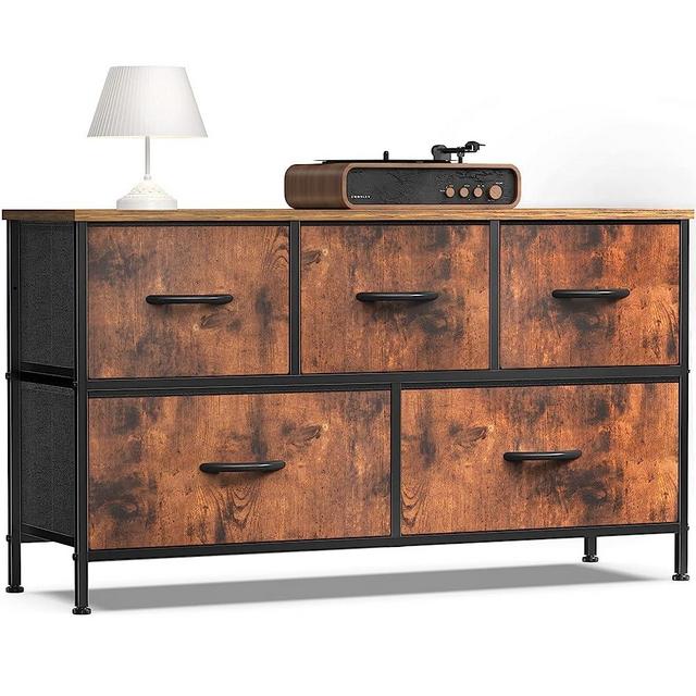 Dresser, Dresser for Bedroom, Drawer Dresser Organizer Storage Drawers Fabric Dresser with 5 Drawers, Chest of Drawers with Fabric Bins, Long Dresser with Wood Top for Bedroom, Closet, Entryway