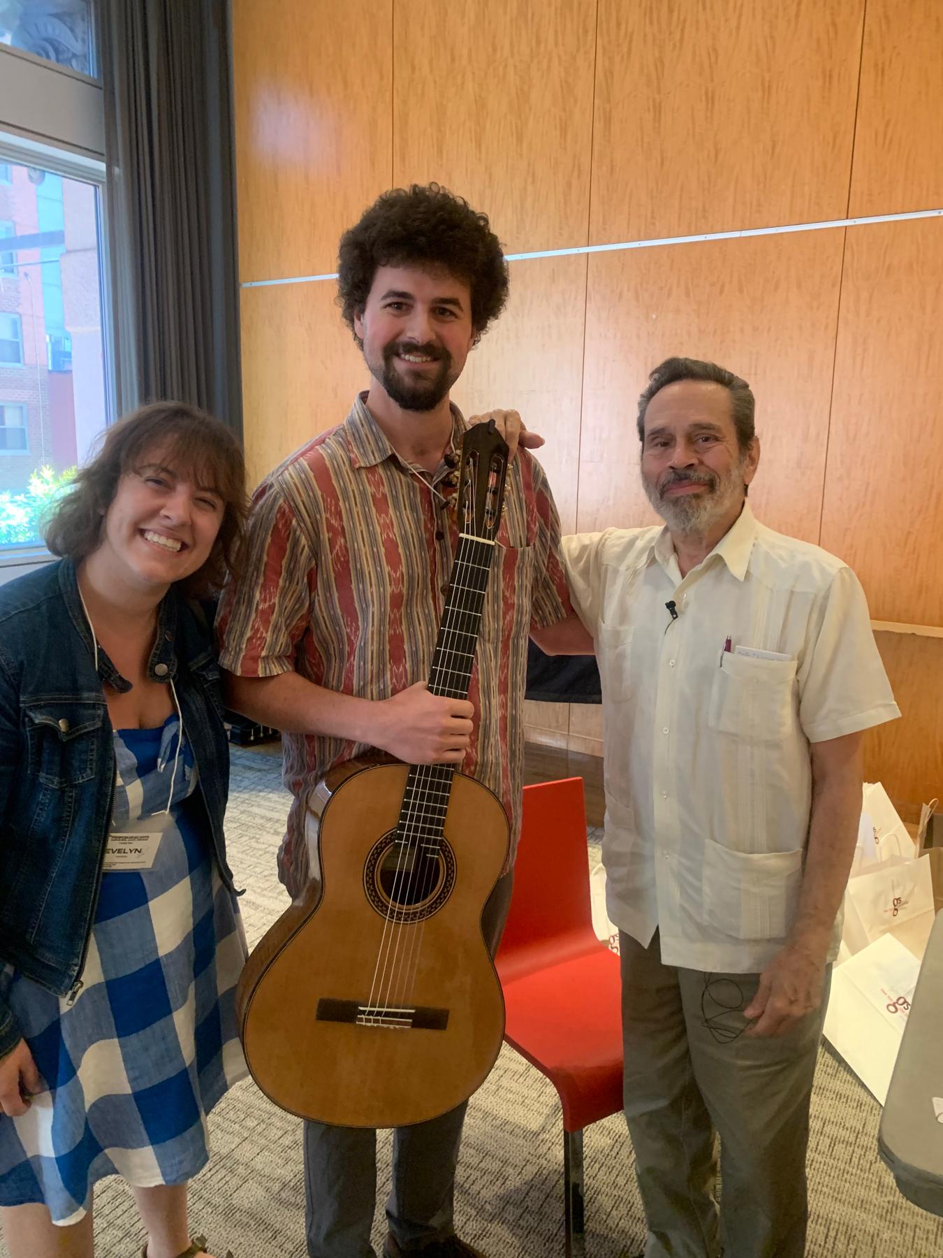 with Maestro Leo Brouwer at the Mannes guitar seminar in 2019- Maestro played on one of Gef's guitars in a masterclass!