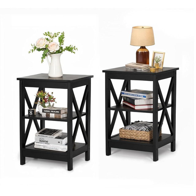 MAISON ARTS Black End Tables Living Room Set of 2, Farmhouse Small Side Table 3-Tier Modern Bed Side Table Nightstands for Bedroom