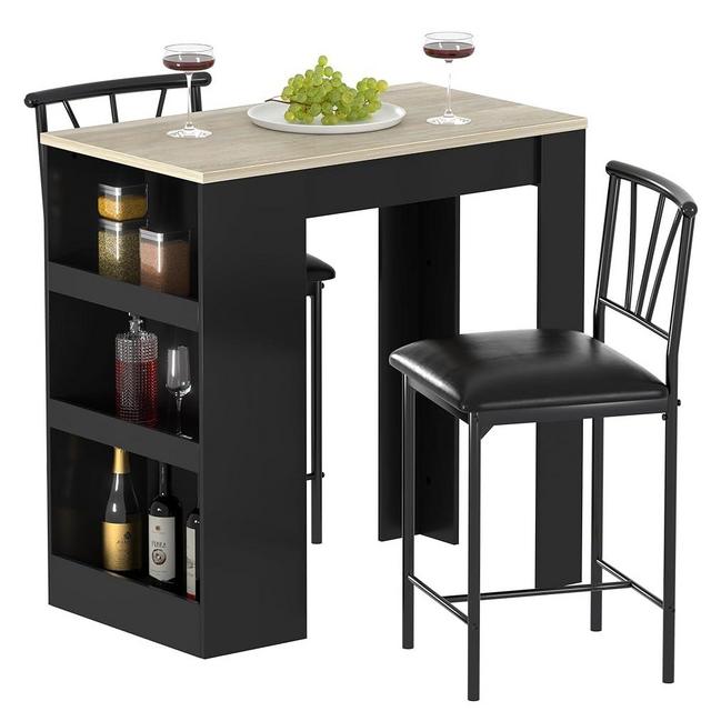 VECELO Small Bar Table and Chairs Tall Kitchen Breakfast Nook with Stools/Dining Set for 2, Storage Shelves, Space-Saving, Gray