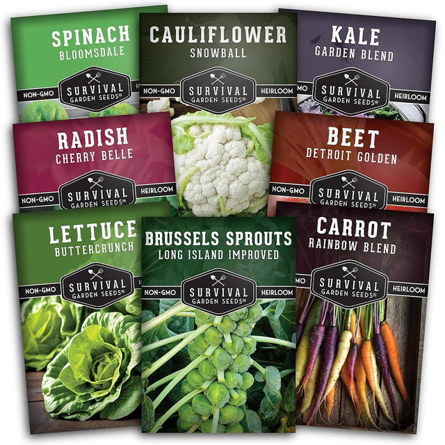 Fall Vegetable Seed Collection - 8 Packs of Non-GMO Heirloom Open-Pollinated Vegetables - Plant in Late Summer for Autumn Harvest - Seed Saver Instructions on Packets - Survival Garden Seeds