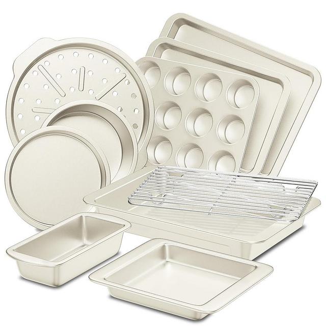 HONGBAKE Bakeware Sets, Baking Pans Set, Nonstick Oven Pan for Kitchen with Wider Grips, 10-Piece Including Rack, Cookie Sheet, Cake Pans, Loaf Pan, Muffin Pan, Pizza Pan -Cream