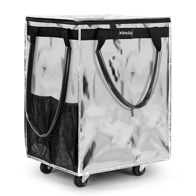 (Large,Silver) Reusable Grocery Bag on 5 Wheels, Foldable Rolling Tote Carries Up to 76lb Shopping Trolley, Rolling Bag with 3 Handles, Zipper Clouser Rolling Tote Bag with Wheels for Laundry