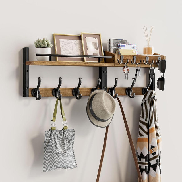 Segtenant 29 inch Coat Rack Wall Mount with Shelf, Entryway Wall Shelf with Hooks, Heavy Duty Coat Hanger Wall Mount with Key Holders and Mail Organizer for Living Room, Bedroom, Wooden Brown & Black