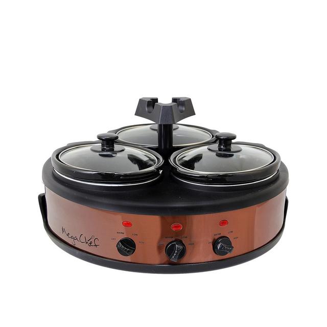 MegaChef Round Triple 1.5 Quart Slow Cooker and Buffet Server in Brushed Copper and Black Finish with 3 Ceramic Cooking Pots and Removable Lid Rests