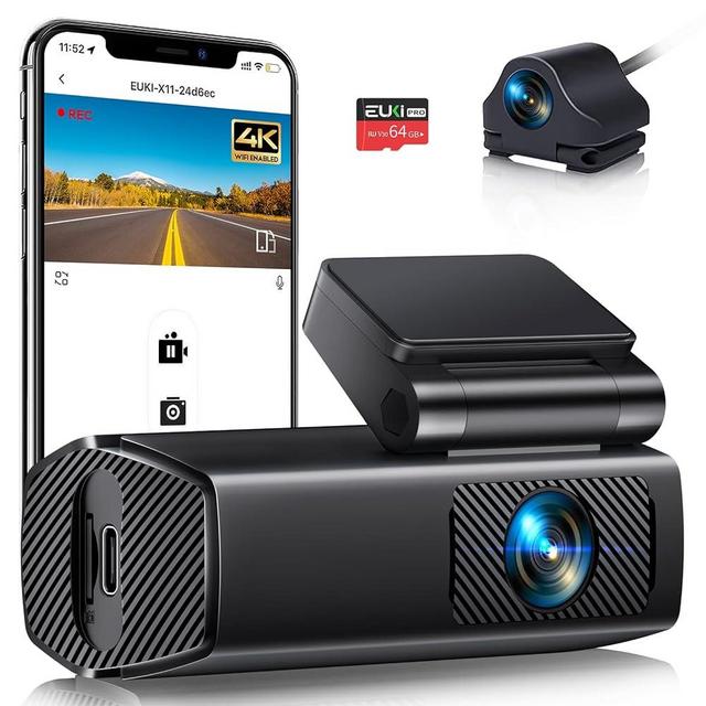 Dash Cam Front and Rear, EUKI 4K/2.5K UHD Dash Camera for Cars,Dashcam Built-in WiFi, Free 64GB Card, Night Vision, 170°Wide Angle, WDR, 24H Parking Mode