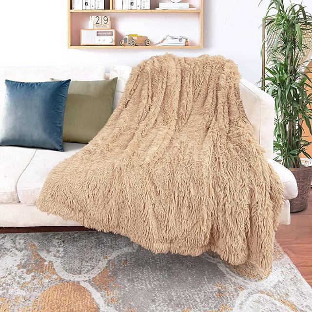 Decorative Extra Soft Faux Fur Throw Blanket 50" x 60",Solid Reversible Fuzzy Lightweight Long Hair Shaggy Blanket,Fluffy Cozy Plush Fleece Comfy Microfiber Fur Blanket for Couch Sofa Bed,Camel