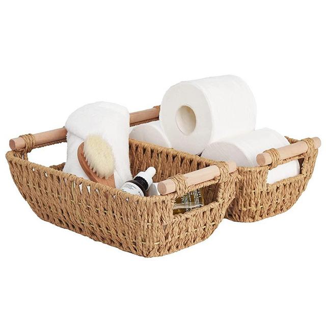 StorageWorks Hand-Woven Small Wicker Baskets, Round Paper Rope Storage Baskets with Wooden Handles, Light Brown, 12 ¼ x 7 x 4 ½ inches, 2-Pack