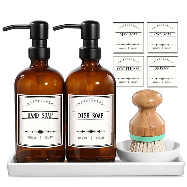 GMISUN Hand and Dish Soap Dispenser Set, 2 Pack Kitchen Soap Dispenser Set with Tray and Bamboo Dish Brush, 16 Oz Thick Amber Glass Liquid Pump Bottle, Farmhouse Vintage Refillable Dual Soap Bottles