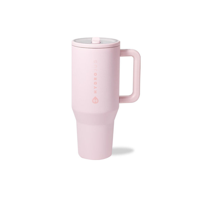 HydroJug Traveler - Water Bottle with Handle & Flip Straw - Leak Resistant Tumbler, Insulated, Stainless Steel & Rubber Base - 40 oz, Pink Sand