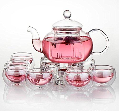 Jusalpha 10 PC-Glass Filtering Tea Maker Teapot with a Warmer and 6 Tea Cups Set (Version 2, 26-Oz)