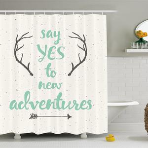 Adventure Shower Curtain by Ambesonne, Calligraphic Quote Antlers and Arrow on Grunge Dotted Backdrop, Fabric Bathroom Decor Set with Hooks, 70 Inches, Sea Green Cream Charcoal Grey
