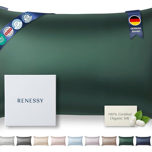 RENESSY Premium Silk Pillowcase 100% Organic Mulberry Silk, 22 Momme, Grade 6A - Oeko-Tex Certified in Germany - Luxury for Hair & Skin, 1 Piece (Standard Size 20x26 Inches, Emerald Green)