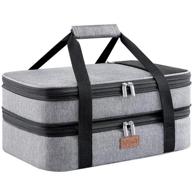 Lifewit Insulated Double Casserole Carrier Thermal Lunch Tote for Potluck Parties, Picnic, Beach, Fits 9 x 13 Inches Casserole Dish, Expandable by Mid Zipper, Grey