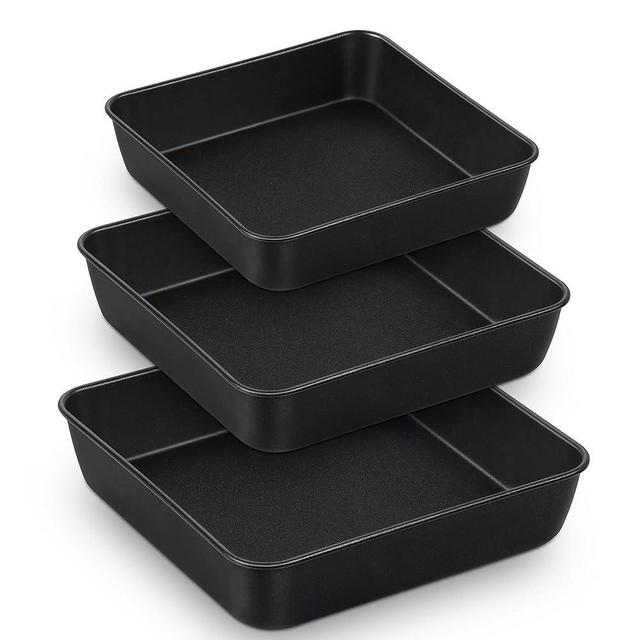 TeamFar 6/8/9 Inch Square Cake Pans, Nonstick Square Baking Pan with Stainless Steel Core, Black Metal Bakeware for Cake Brownie Cake, Non-Toxic & Easy Clean, One-Piece & Heavy Duty-Set of 3