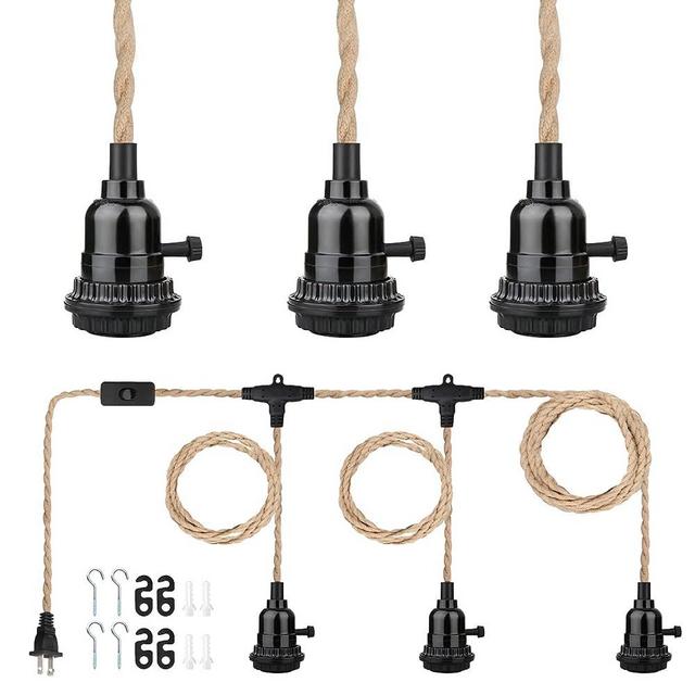 Zevnico 22.5FT Triple Pendant Light Cord Kit with ON/Off Switch Plug in Hanging Light Fixture E26 E27 Base 3 Lights Twisted Rope Pendant Light Fixture DIY Lamp Vintage Industrial Lighting Decoration