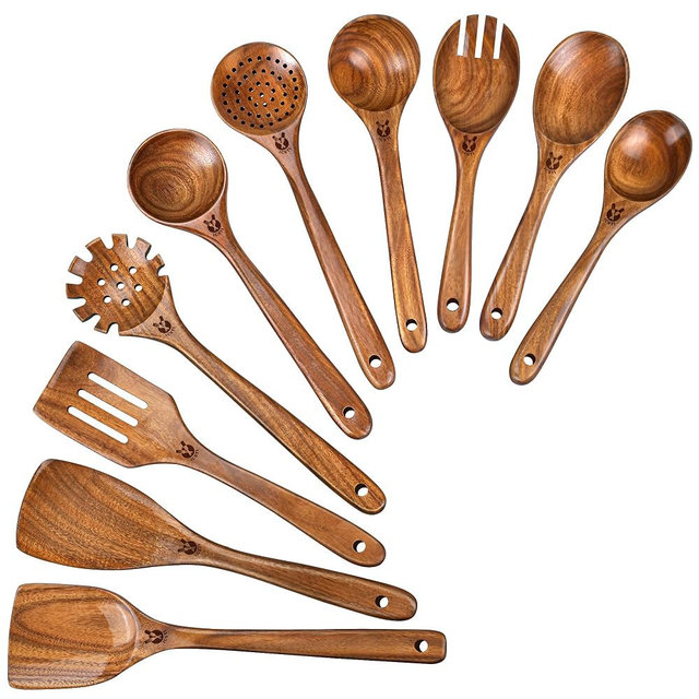 Wooden Spoons for Cooking, 10 Pcs Natural Teak Wood Kitchen Utensils Set, Comfortable Grip Wooden Utensil Set for Nonstick Pans & Cookware, Heat Resistant Wooden Spoons Wooden Spatulas Set