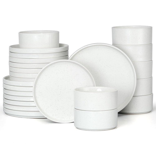 E-far 24-Piece Stoneware Dinnerware Sets, Plates and Bowls Sets for 8, Kitchen Modern Dinning Porcelain Dishes Set, Chip & Scratch Resistant, Dishwasher & Microwave Safe, Speckled White