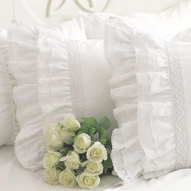 Queen’s House White Ruffle Pillow Shams Cotton Vintage Embroidery Lace Pillowcases King Size Set of 2