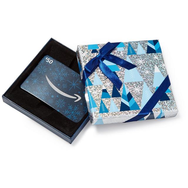 Amazon.com $50 Gift Card in a Blue and Silver Gift Box