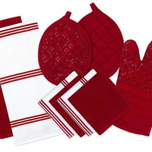 Sticky Toffee Silicone Printed Oven Mitt & Pot Holder, Cotton Terry Kitchen Dish Towel & Dishcloth, Red, 9 Piece Set