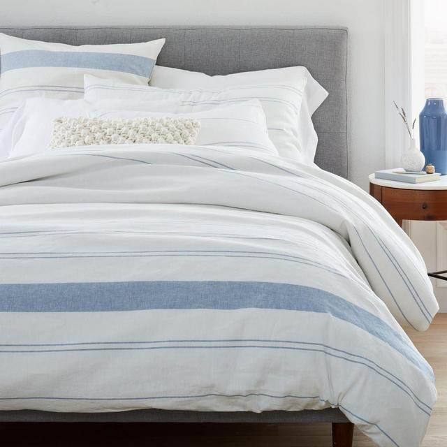 Hemp Cotton Serene Stripes Duvet, King, Undyed Natural + Blue Haze