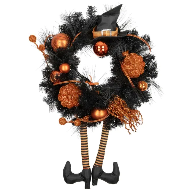 Northlight Witch and Pumpkins Halloween Wreath - 24" - Orange and Black - Unlit