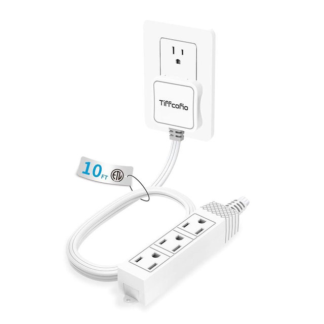 TiFFCOFiO Flat Plug Outlet Strip, 10 Feet Extension Cord 3 Prong, 3 Grounded Outlets with Mounting Holes, 13A/1625W, 16 AWG