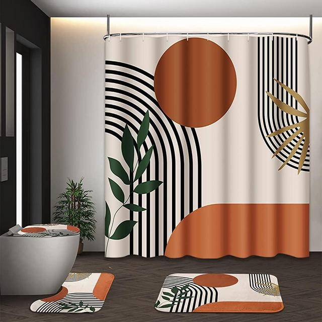 Tayney Boho Mid Century Shower Curtain Sets with Toilet Lid Cover and Non-Slip Rugs, Abstract Geometric 4 Pcs Shower Curtain Set, Modern Minimalist Shower Curtains for Bathroom Set with 12 Hooks