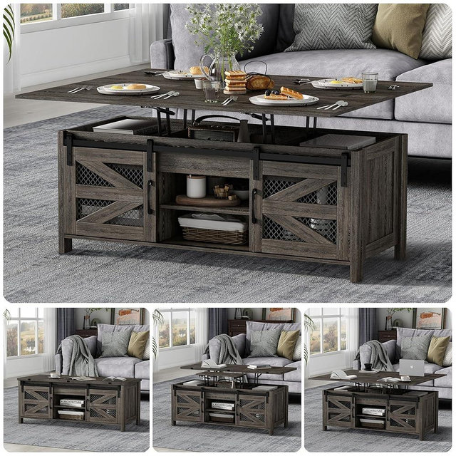 wanan 47.2" Lift Top Coffee Table, 4 in 1 Farmhouse Coffee Table with Sliding Barn Doors, Coffee Tables for Living Room, Dining Room (Grey)