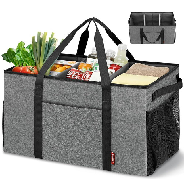 ZOMFELT 75L Standing Extra Large Utility Tote Bag with Removable Dividers & 4-sided Reinforced, Reusable Grocery Shopping Bags Foldable, Car Beach Travel Tote Bag with Handle for Picnics Laundry