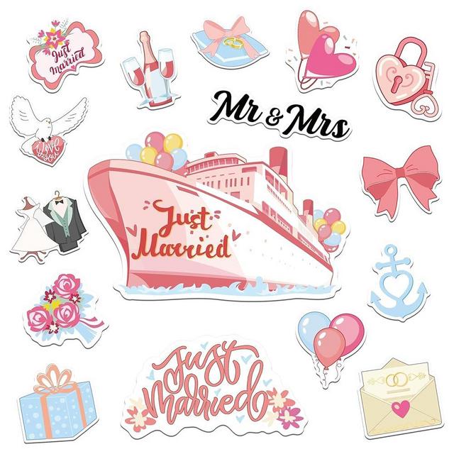 16 Pcs Just Married Cruise Door Decorations - Pink Cruise Mr Mrs Honeymoon Cruise Door Decorations, Just Married Magnetic Door Signs for Honeymoon Wedding Ship Cabin Door Fridge Car Party Decor