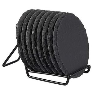 8-Pack Slate Stone Coasters Set with Steel Stand - Round Black Natural Edge Stone Drink Coasters for Bar and Home - 3.8 Inches in Diameter