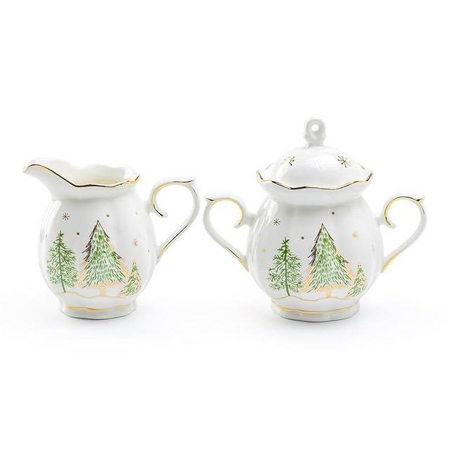 Christmas Pine Trees Scallop Shaped Fine Porcelain Sugar & Creamer Set, One Sugar Bowl and One Creamer Pitcher