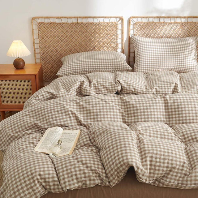 Nayoroom Gingham Duvet Cover King Size 100% Washed Cotton Brown Tan Plaid Checkered Comforter Cover 3 Pcs Soft Breathable Grid Farmhouse Dorm Bedding Set for All Seasons
