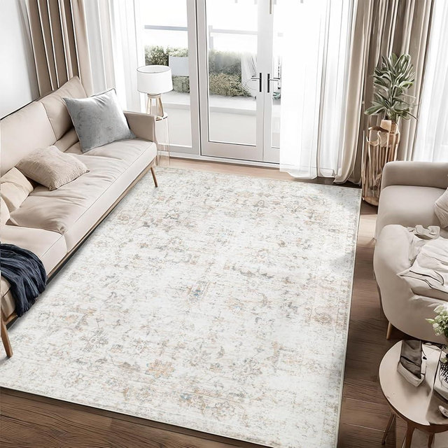 Dotiiorug Washable 8×10 Area Rug for Living Room, Vintage Floral Rug Soft Non Slip Stain Resistant Boho Carpet for Bedroom Dinning Room Home Office Beige