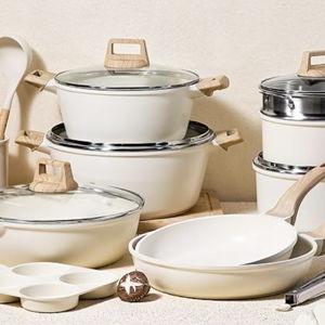 CAROTE 21Pcs Pots and Pans Set, Nonstick Cookware Sets, White Granite Induction Cookware Non Stick Cooking Set w/Frying Pans & Saucepans(PFOS, PFOA Free)