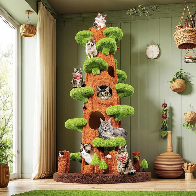 NUNU LAB 90" Tall Super Large Cat Tree - Magic Forest Cat Tree Tower for Indoor, Luxury Multi-Level Real Solid Wood Cat Tower for Multi-Cat Families