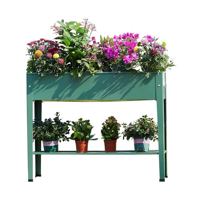 Piksedo Raised Garden Bed, Elevated Planter Green Metal Plant Box with Legs Standing Garden Stand Drainage Holes Green (Green 40" L x 11" W x 31" H)
